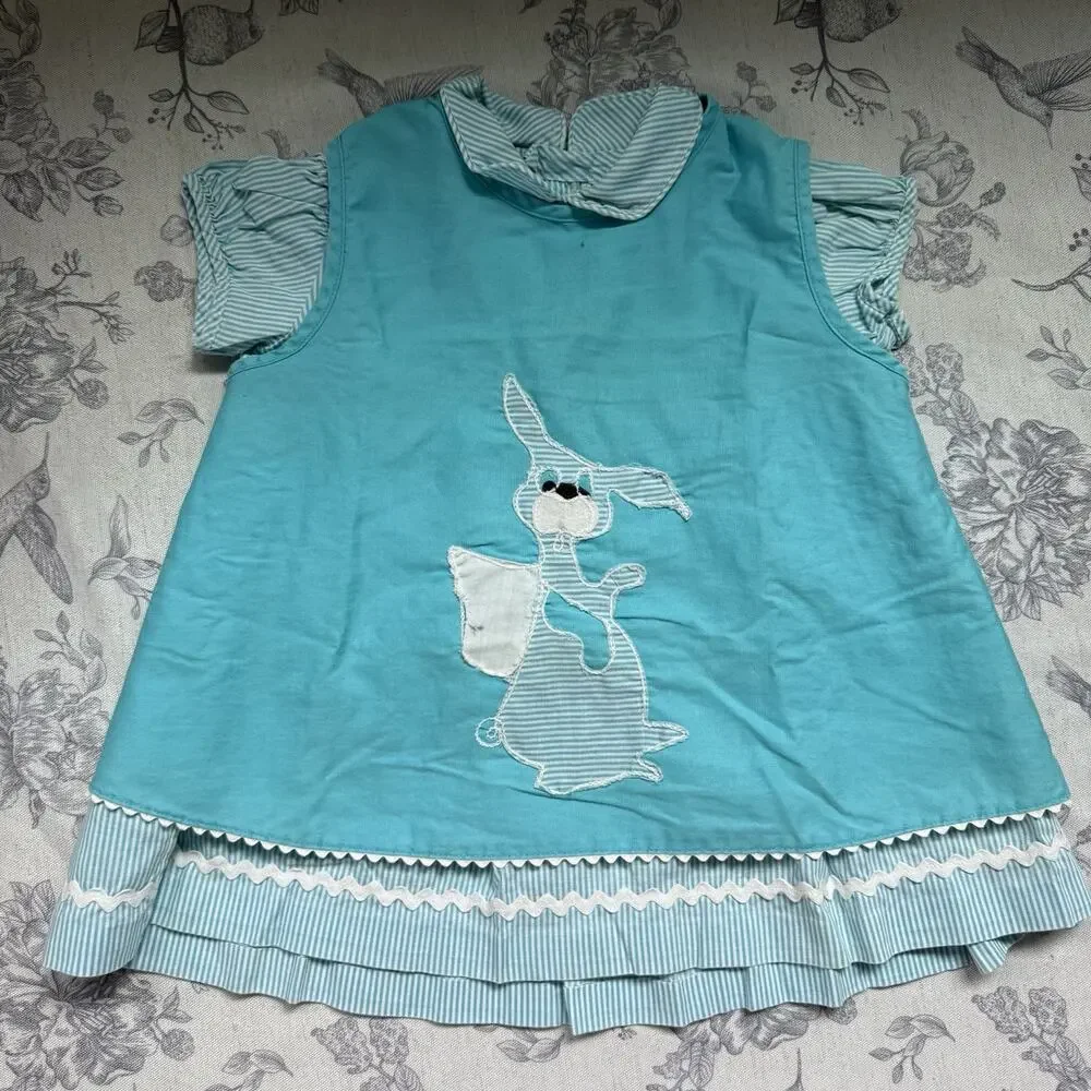 Vtg Appliqué Bunny Dress Layered Turquoise Blue Stripes Collar Girls 4T XS